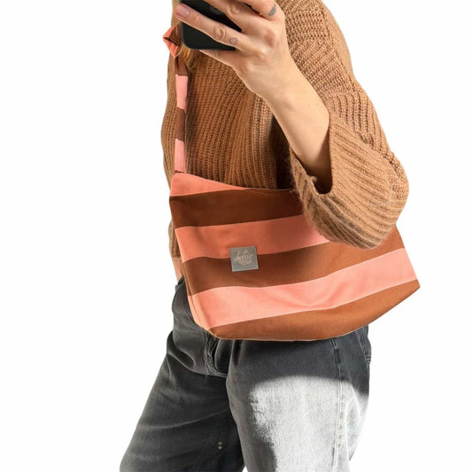 Schultertasche POLLY – Braun & Rosa Streifen