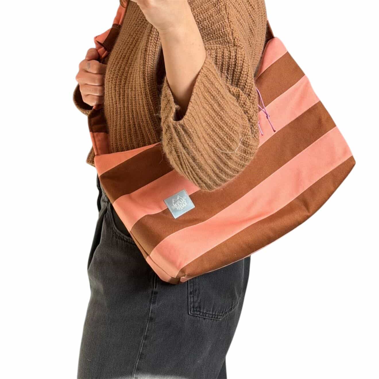 Schultertasche POLLY – Braun & Rosa Streifen