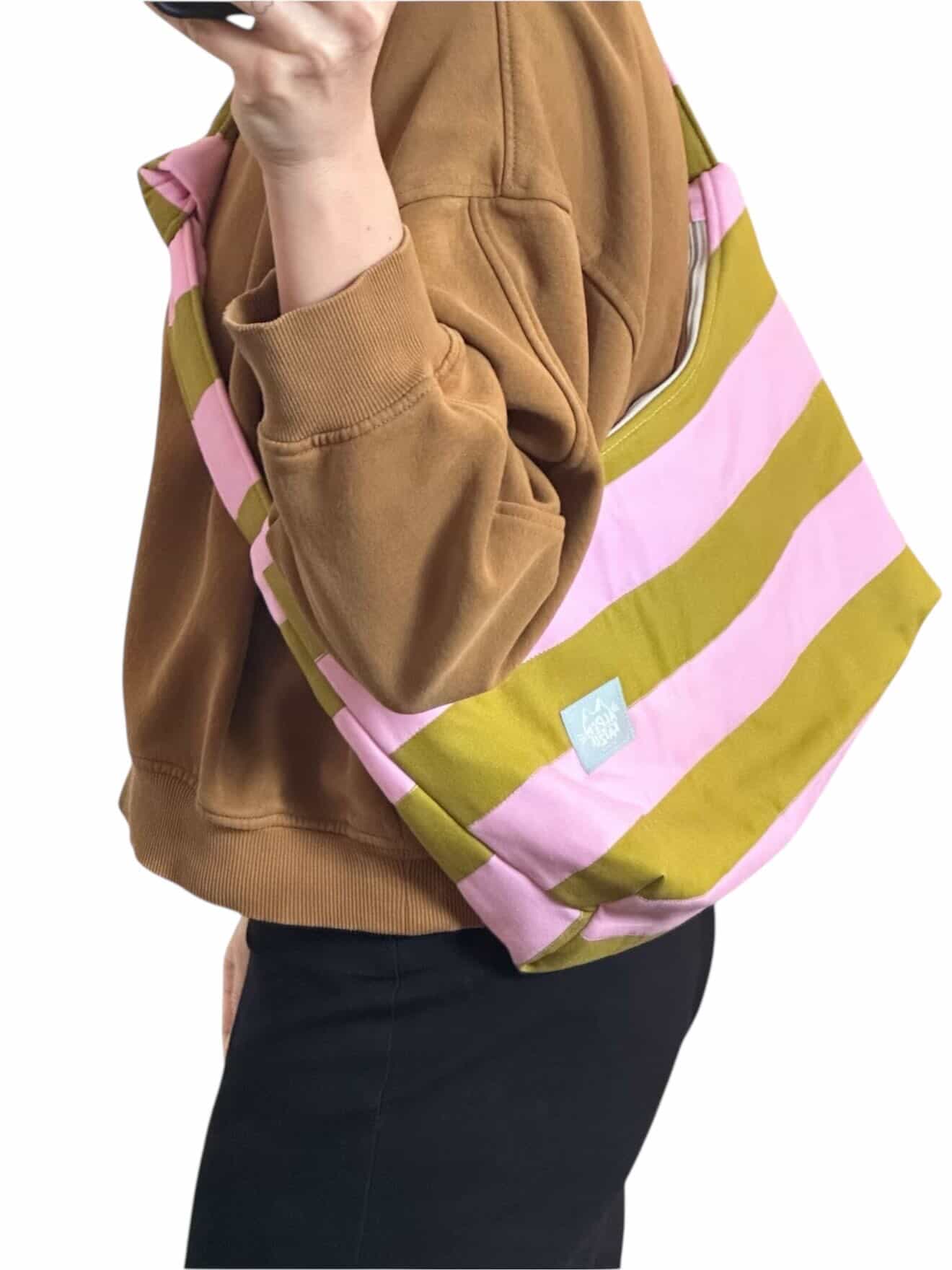 Schultertasche POLLY – Rosa & Olive Streifen
